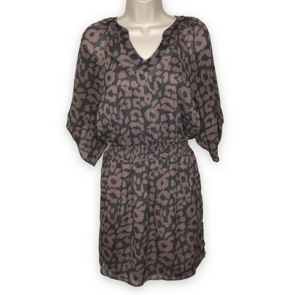 Express Leopard Print Semi Sheer Roll Tab Sleeve Gray Brown Dress Women's Small